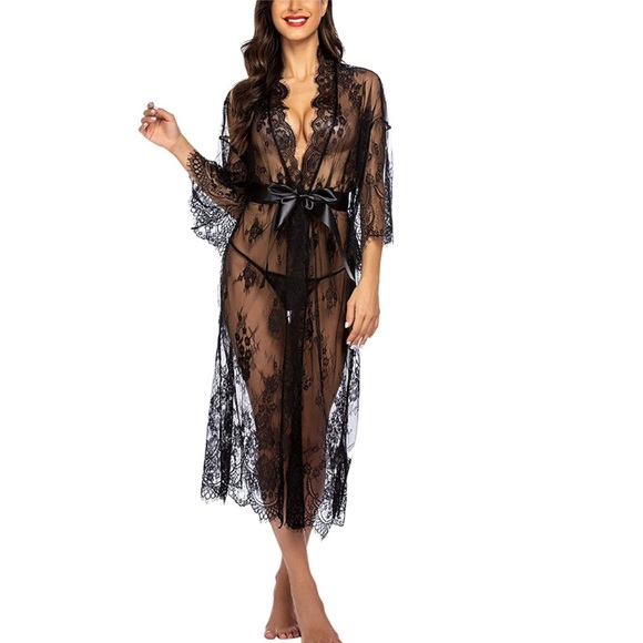 Long Lace Lingerie Kimono Robe Swimsuit Cover Up - Picture 4 of 8
